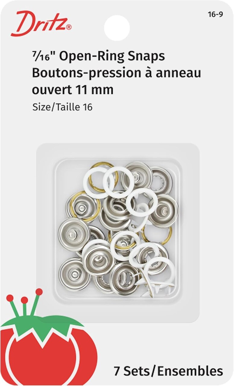 Dritz 16-9 7/16" Open-Ring Snaps Snap Fasteners, White, Size 16, 7 Sets